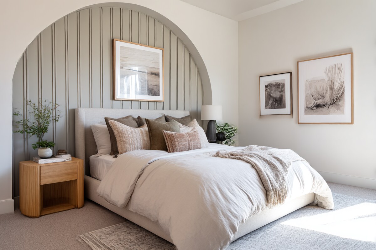 Serene Master Bedroom with Full-Height Upholstered Cushion Headboard #6